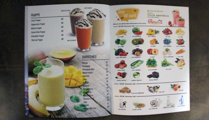 smoothie drink menu, beautiful graphic deisgn, printing, laminated service, maenam beach, koh samui, thailand