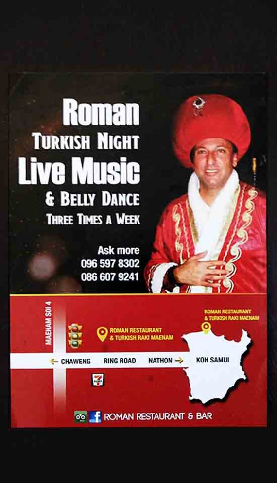 Restaurant flyer, Roman Turkish restaurant, meanam koh samui, Printing company Chameleon Production Taling Ngam