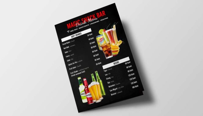 Drink menu magic snack bar. Nicely graphic design soft drink and beer menu with die cut and retouch image by Chameleon Production, Talingngam Koh Samui