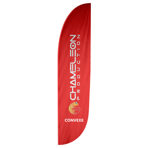 Beach flag convex feather. Red art work with advertising company chameleon production logo. Graphic design done in Koh Samui, thailand