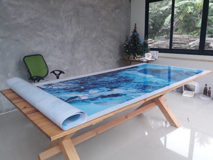 beautiful blue with winter design on Chameleon Production office table
