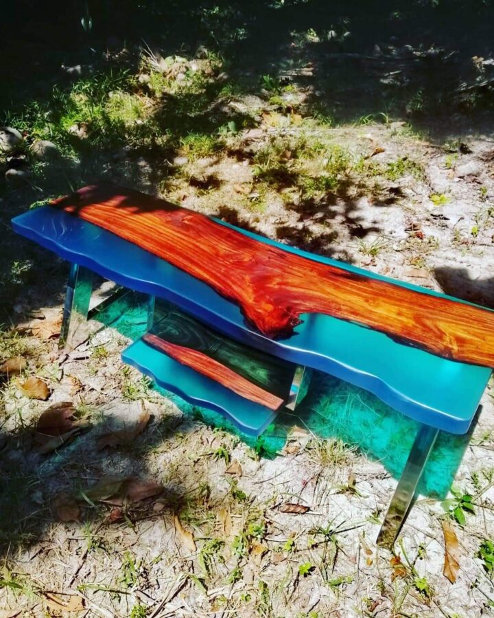 epoxy resin makeup desk with amazing 2 shade blue colers and tamarin wood. Special leg pedal