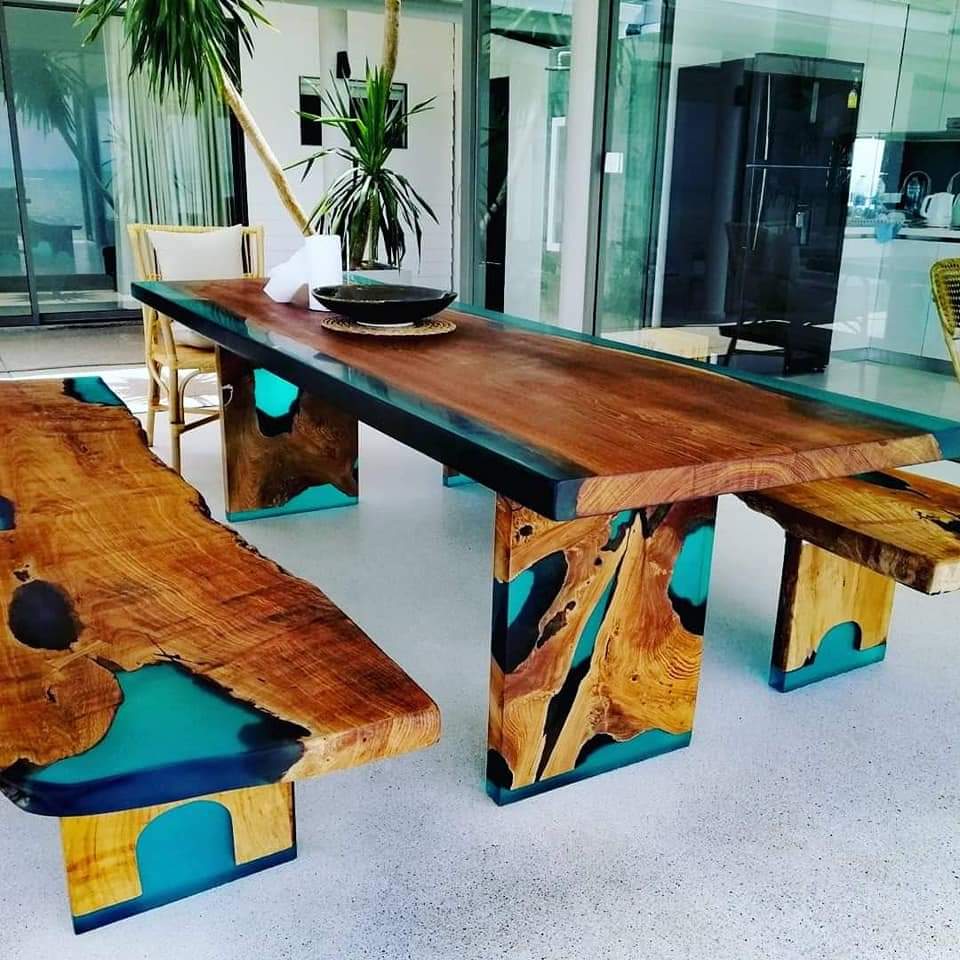 custom turquice epoxy wood table made in thailand with amazing resin chairs
