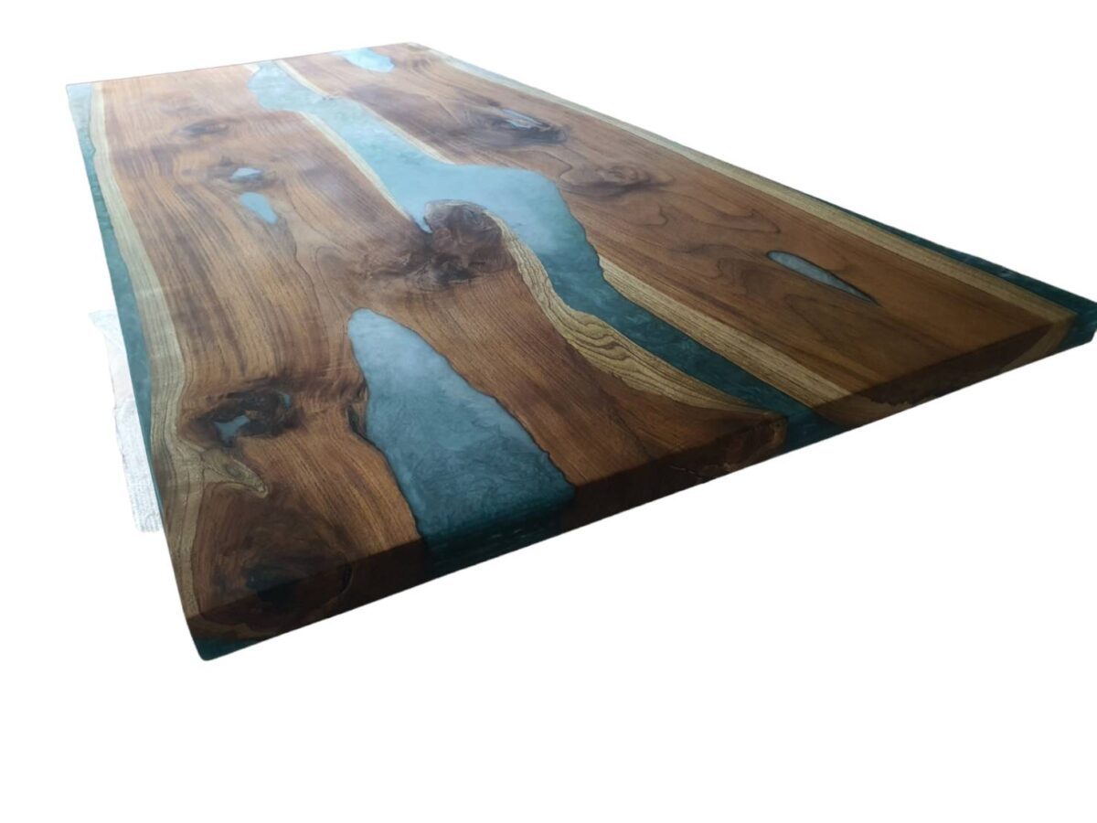 Beautiful brown blue epoxy table with teak wood
