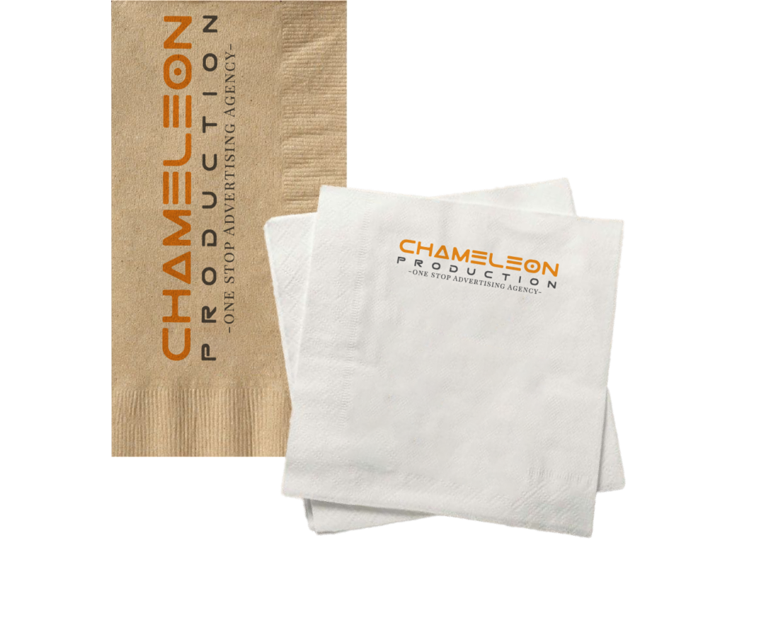 screen printed custom napkins in white and brown colors with logo printing