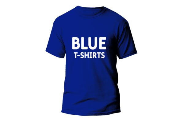 Blue t-shirt with blue t-shirts text front sided in white color capital letters
